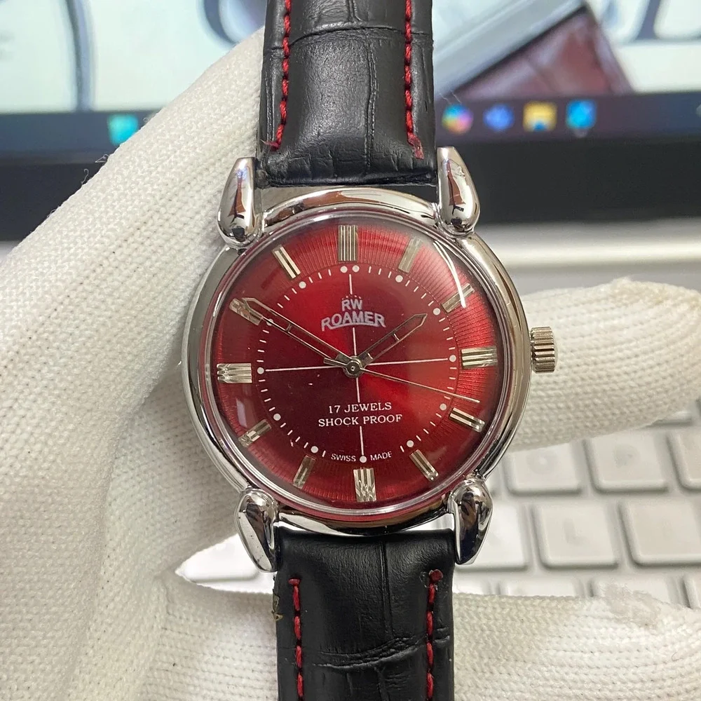 Vintage 1983 Roamer Manual Mens Silver Watch W/Leather Strap & Red accents